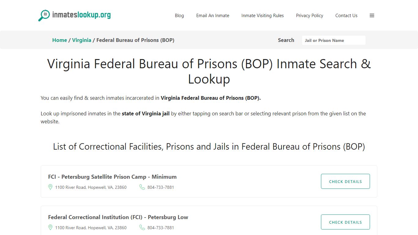 Virginia Federal Bureau of Prisons (BOP) Inmate Search & Lookup